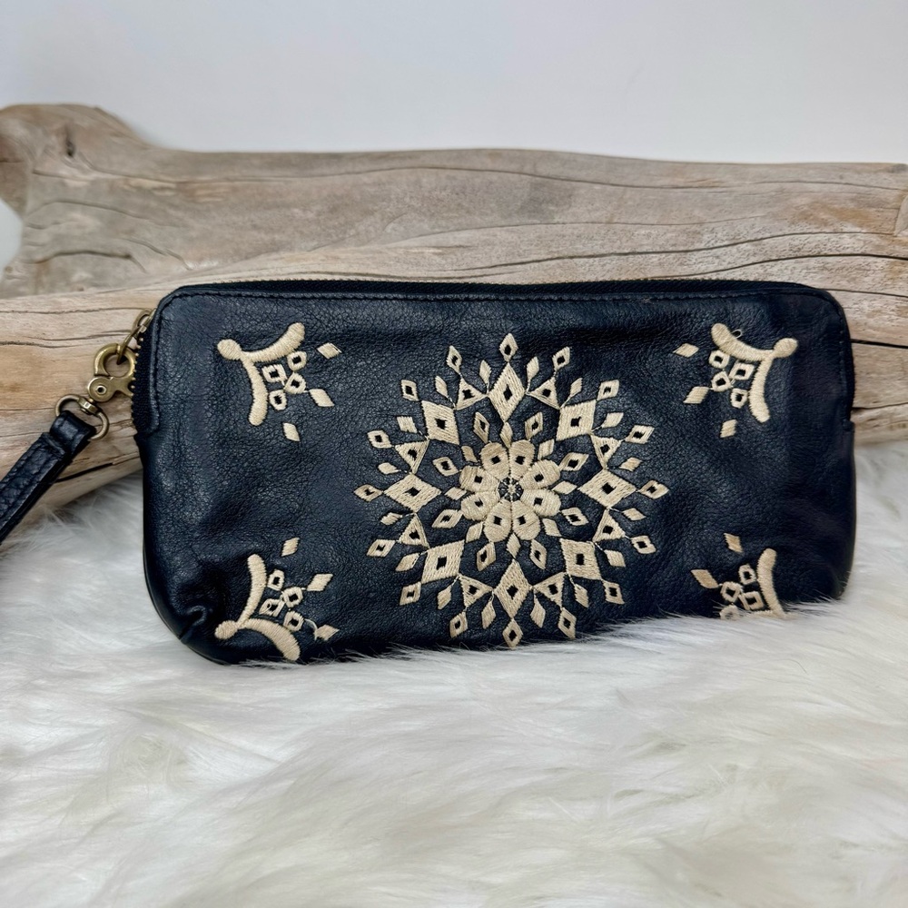 Lucky Brand Black Leather CASBAH Embroidered Boho Wristlet/Clutch/Wallet